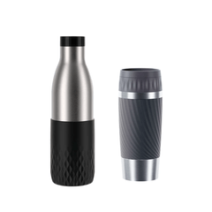 Kit Tefal: Garrafa Térmica Tefal Preta 700ml + Copo Térmico com Tampa Tefal Cinza