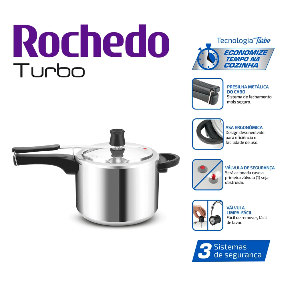 Panela de Pressão Rochedo Turbo Polida com Fechamento Interno e 4,5L de capacidade