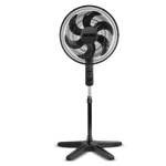 Vista frontal do Ventilador de Coluna Arno Essential preto com 6 pás, grade aerodinâmica e base em estrela em fundo branco.