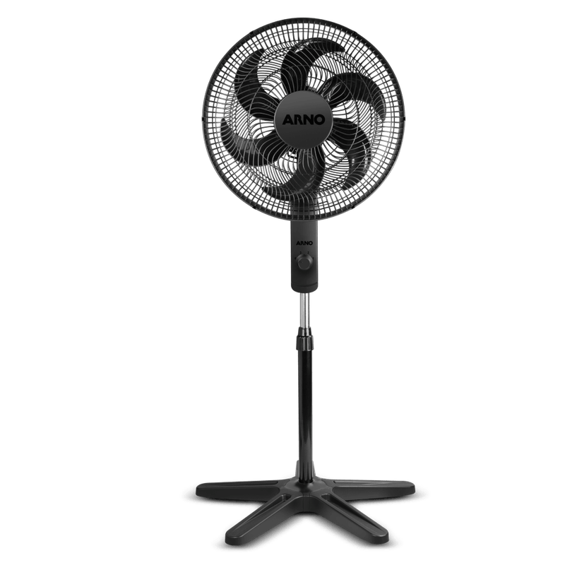 Vista frontal do Ventilador de Coluna Arno Essential preto com 6 pás, grade aerodinâmica e base em estrela em fundo branco.