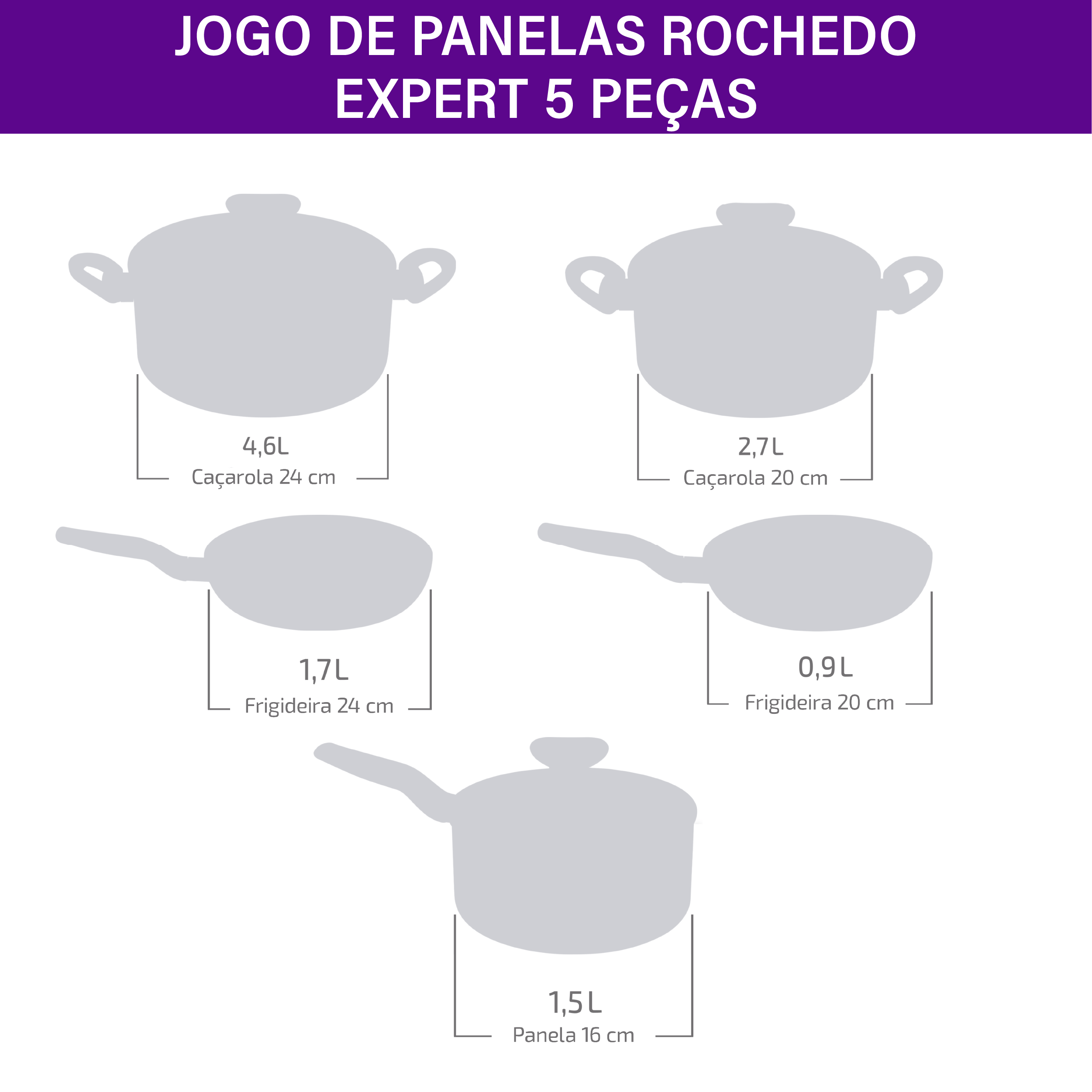 Jogo de Panelas Rochedo Expert Chocolate 5 Peças