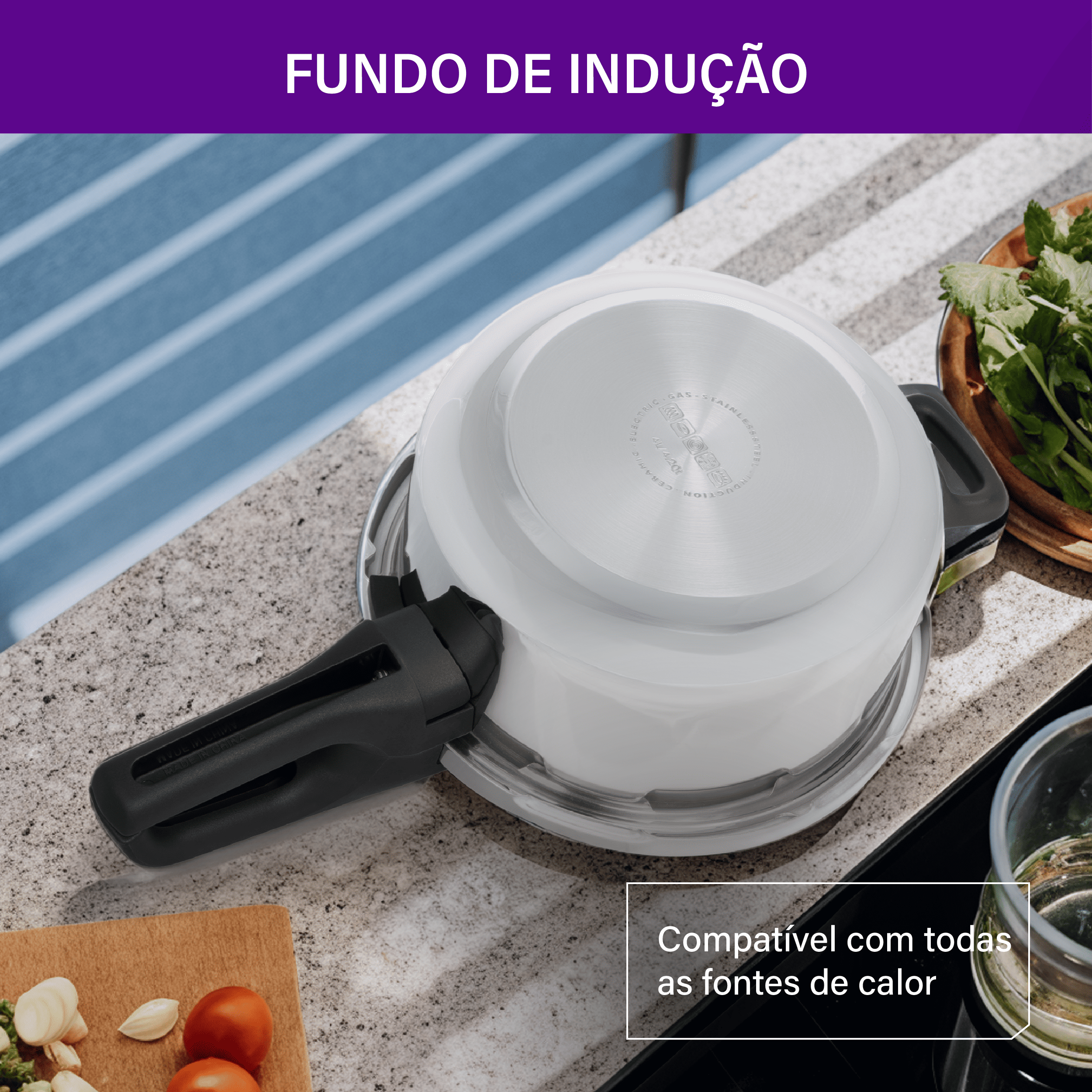 Base da panela Rochedo Inox Trendy mostrando o fundo de indução, compatível com todas as fontes de calor, como fogões a gás e elétricos.