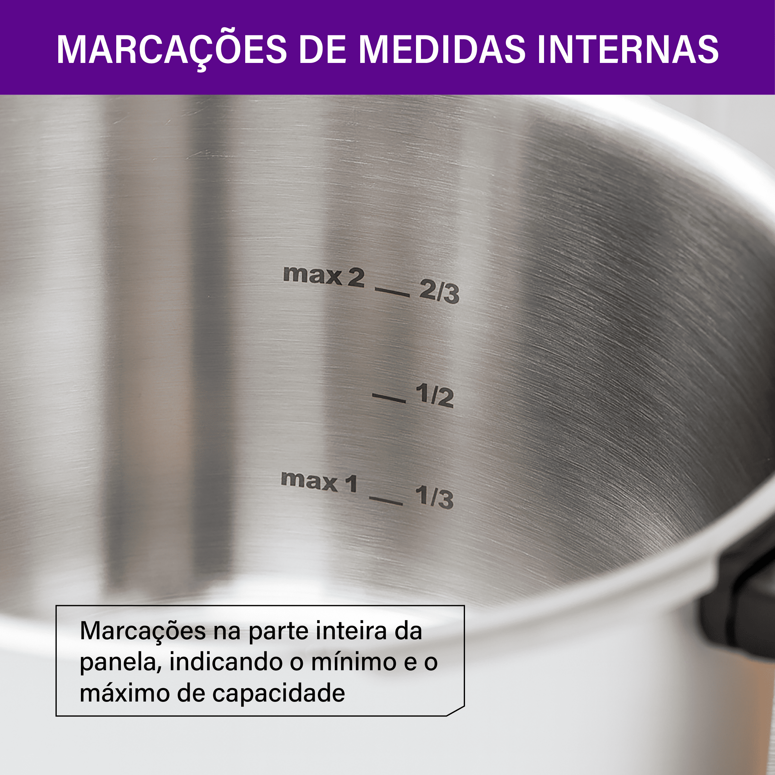 Close das marcações internas de medida da panela Rochedo Inox Trendy, indicando níveis de 1/3 a 2/3 para controle seguro da capacidade e dos ingredientes.