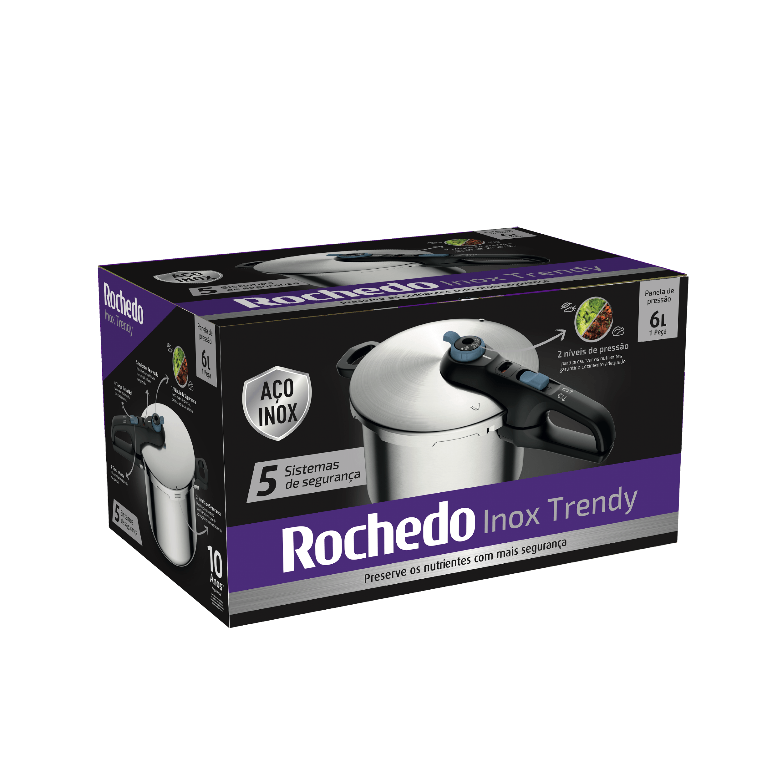 Embalagem da panela de pressão Rochedo Inox Trendy 6L, exibindo os diferenciais: aço inox, 5 sistemas de segurança e os 2 níveis de pressão ajustáveis.