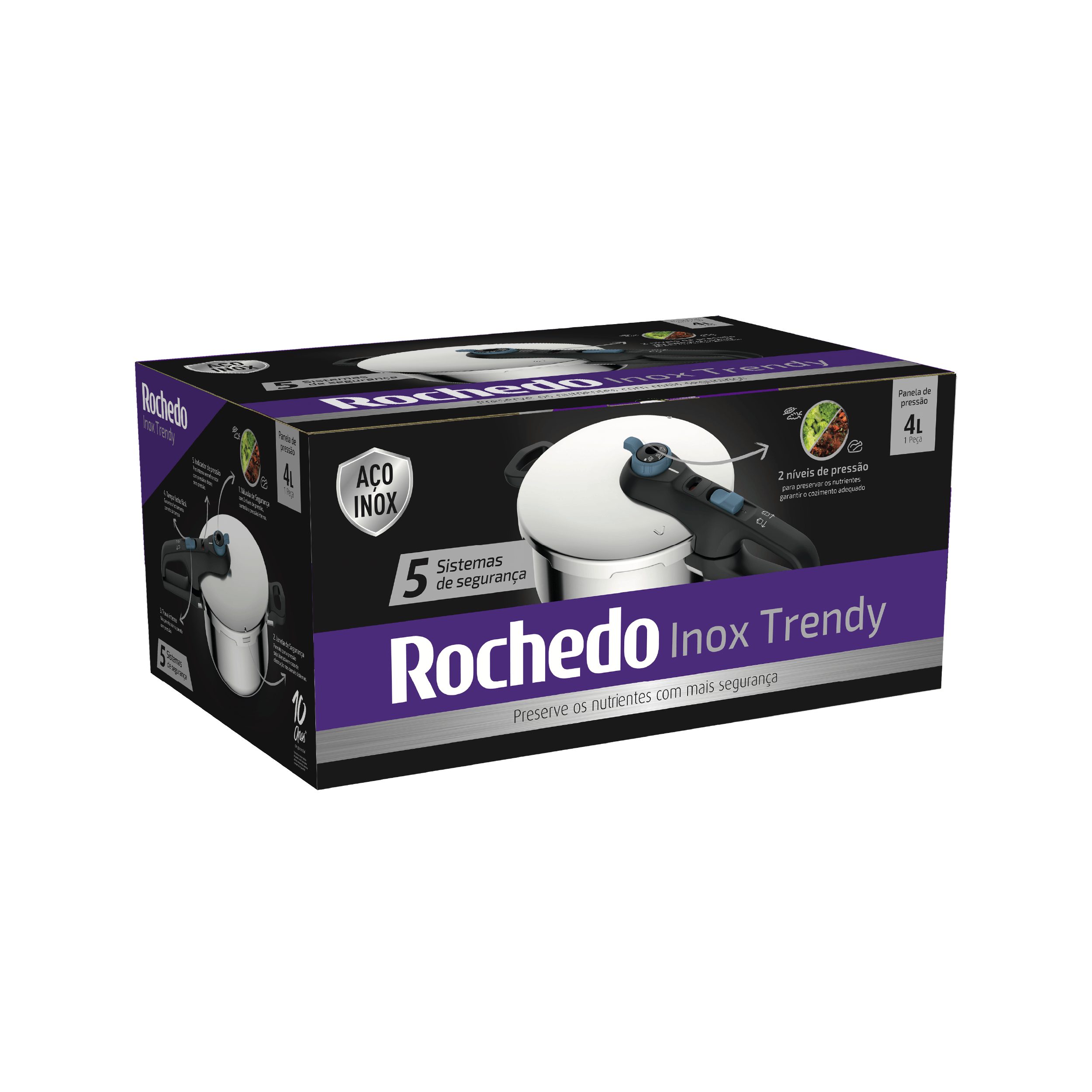 Embalagem da Panela de Pressão Rochedo Inox Trendy 4L. Destaca os 5 sistemas de segurança e os 2 níveis de pressão para diferentes alimentos.