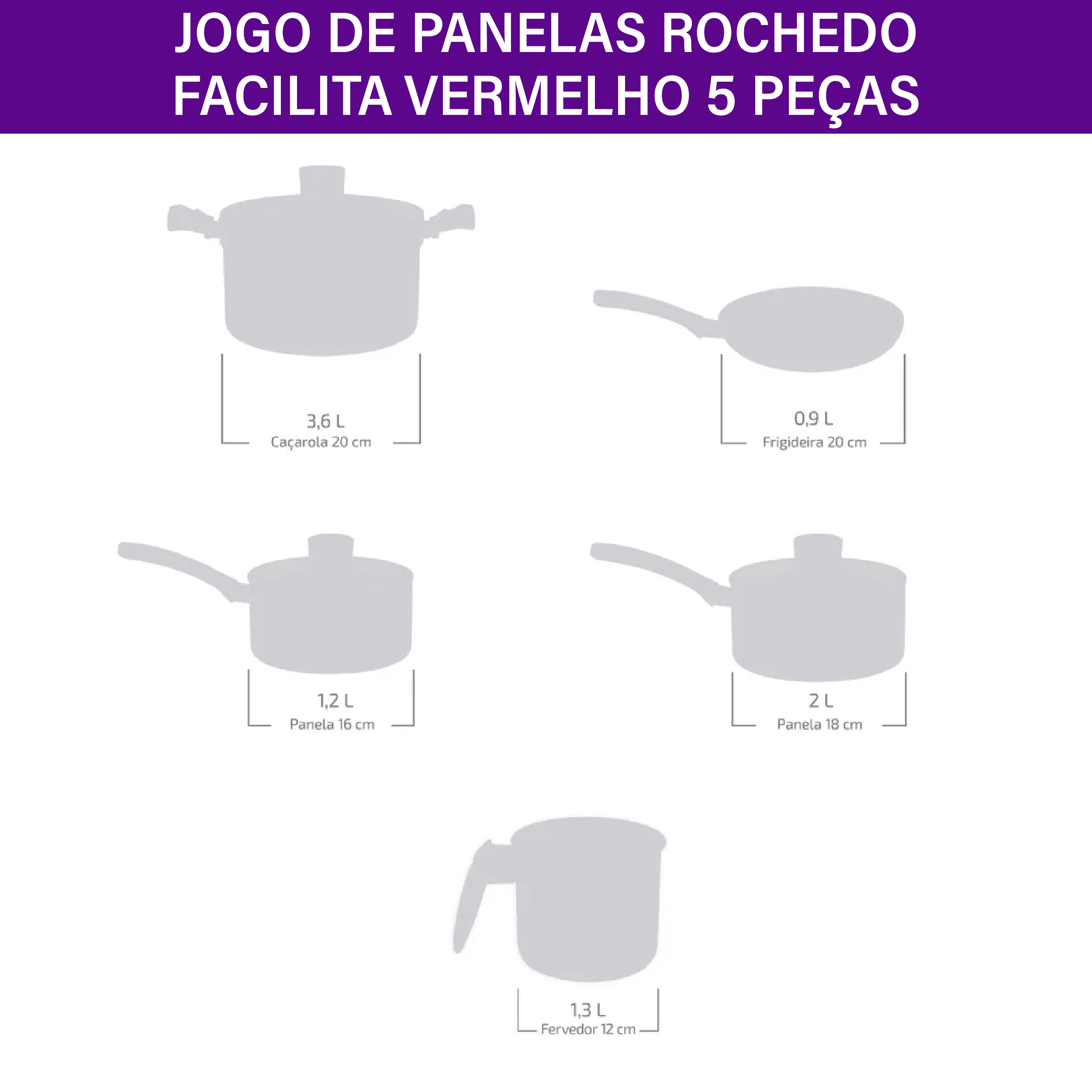 Jogo de Panelas Rochedo Facilita Vermelho 5 Peças