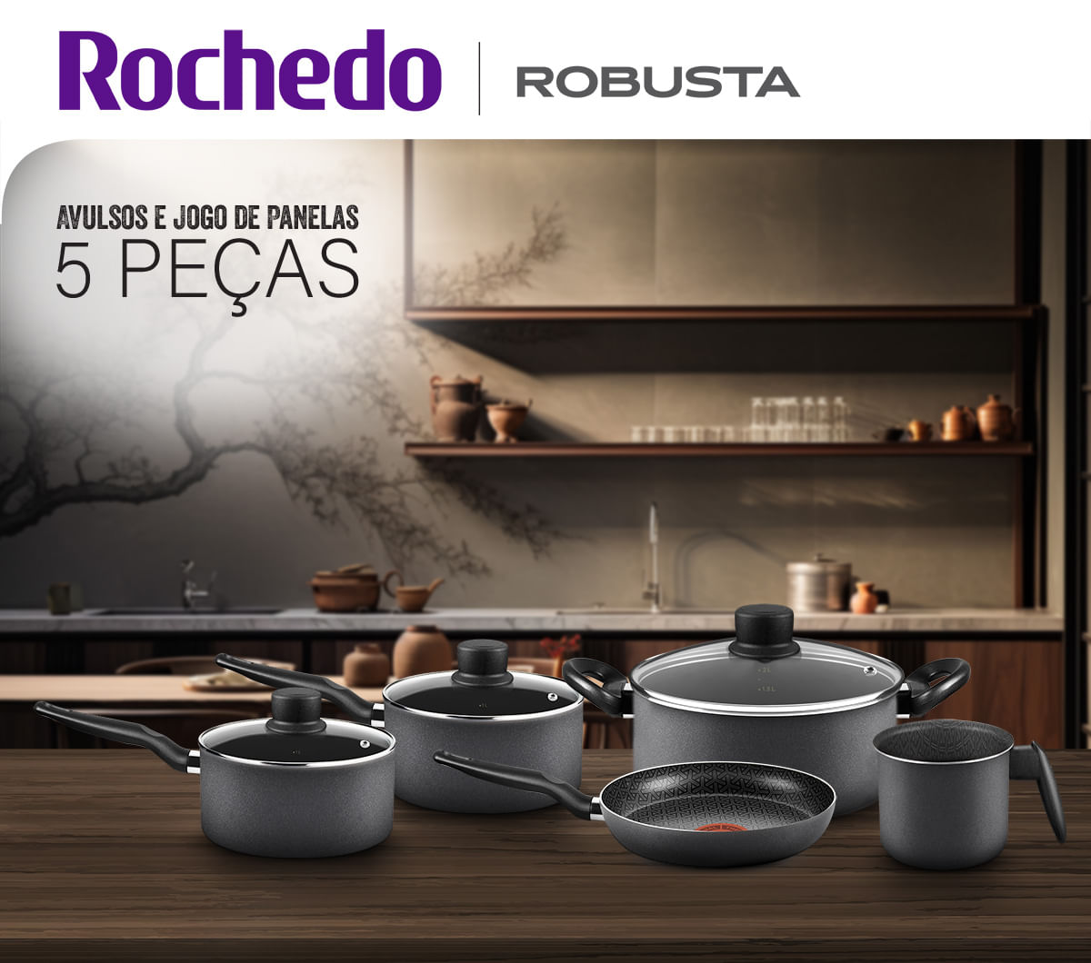 Jogo de Panelas Rochedo Robusta Grafite 5 Peças | Rochedo